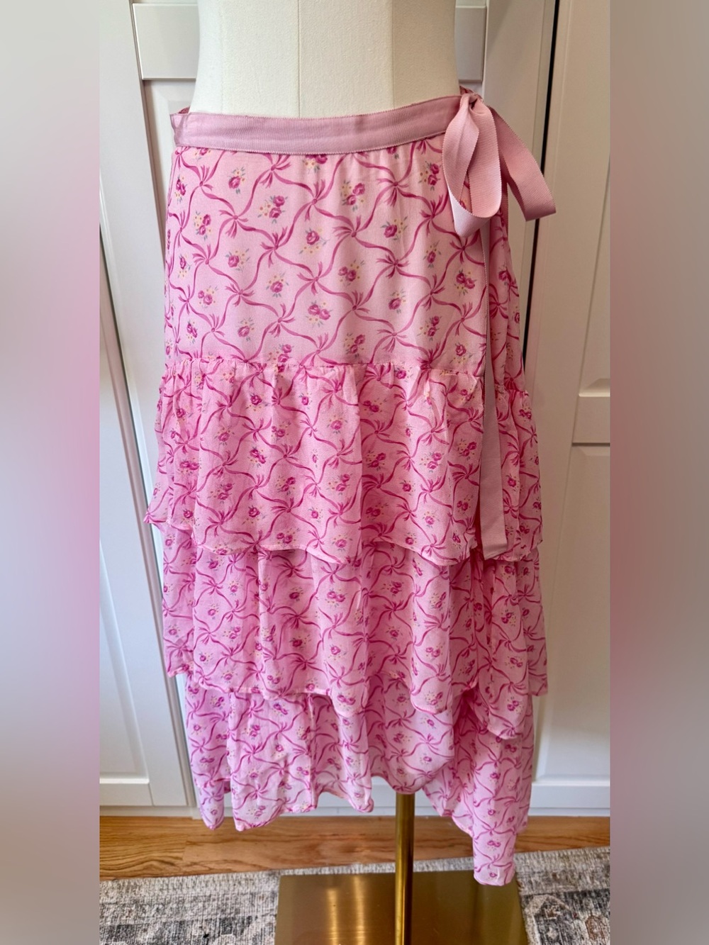LoveShackFancy Silk Pink Floral & Bows Tiered High-Low Skirt Ribbon Waistband 4